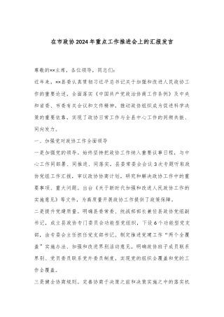 在市政协2024年重点工作推进会上的汇报发言