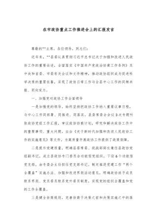 在市政协重点工作推进会上的汇报发言
