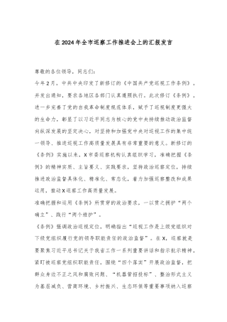 在2024年全市巡察工作推进会上的汇报发言