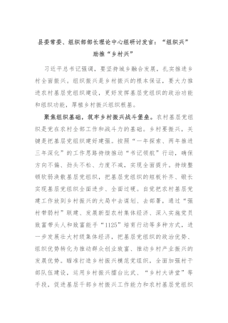 县委常委、组织部部长理论中心组研讨发言：“组织兴”助推“乡村兴”