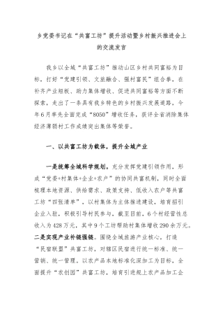 乡党委书记在“共富工坊”提升活动暨乡村振兴推进会上的交流发言