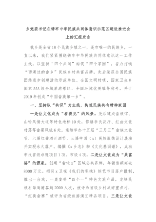 乡党委书记在铸牢中华民族共同体意识示范区建设推进会上的汇报发言