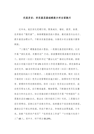 交流发言：夯实基层基础 赋能乡村全面振兴