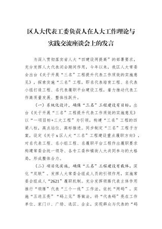 区人大代表工委负责人在人大工作理论与实践交流座谈会上的发言