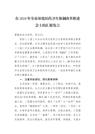 在2024年全市深化医药卫生体制改革推进会上的汇报发言