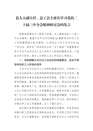 县人大副主任、总工会主席在学习党的二十届三中全会精神研讨会的发言