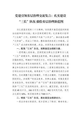 党建引领基层治理交流发言：扎实建设“三长”队伍+描绘基层治理新蓝图