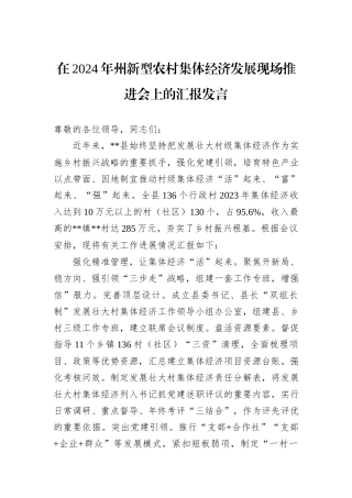 在2024年州新型农村集体经济发展现场推进会上的汇报发言