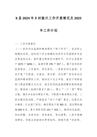 X县2024年乡村振兴工作开展情况及2025年工作计划