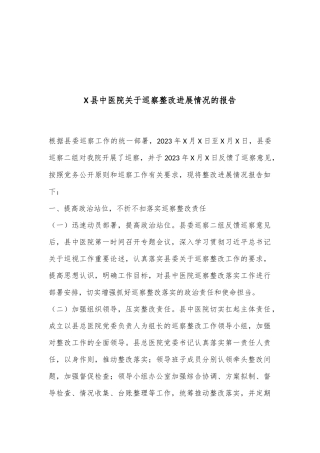 X县中医院关于巡察整改进展情况的报告