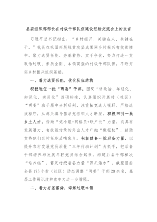 县委组织部部长在村级干部队伍建设经验交流会上的发言