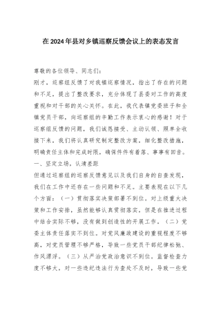 在2024年县对乡镇巡察反馈会议上的表态发言