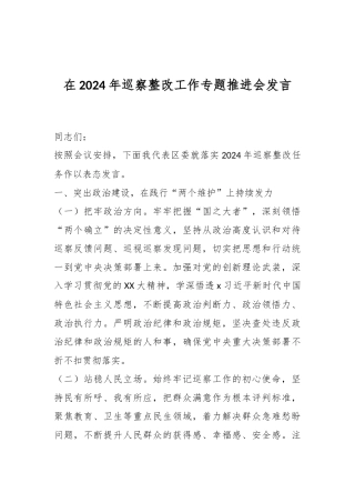 在2024年巡察整改工作专题推进会发言