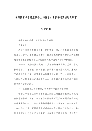 在集团青年干部座谈会上的讲话：青春奋进正当时 砥砺前行谱新篇