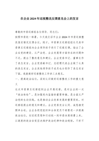 在企业2024年巡视整改反馈意见会上的发言