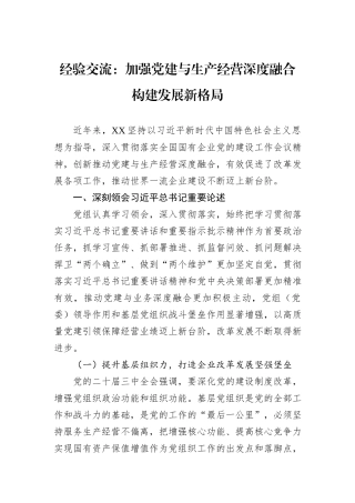经验交流：加强党建与生产经营深度融合+构建发展新格局