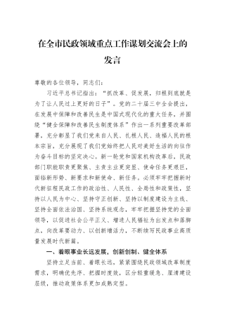 在全市民政领域重点工作谋划交流会上的发言