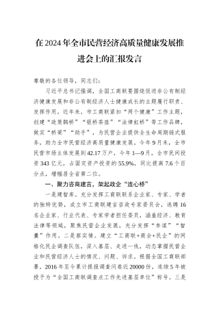 在2024年全市民营经济高质量健康发展推进会上的汇报发言