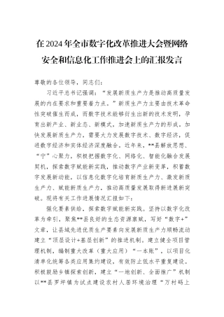 在2024年全市数字化改革推进大会暨网络安全和信息化工作推进会上的汇报发言
