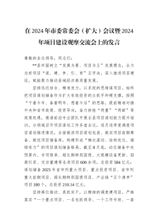 在2024年市委常委会（扩大）会议暨2024年项目建设观摩交流会上的发言