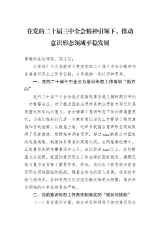 在党的二十届三中全会精神引领下，推动意识形态领域平稳发展