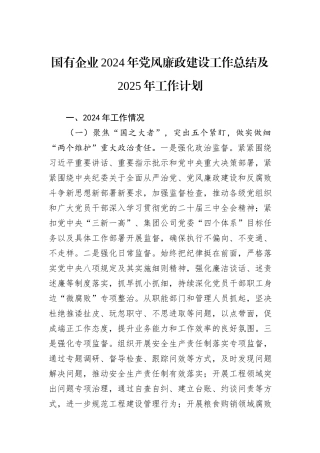国有企业2024年党风廉政建设工作总结及2025年工作计划
