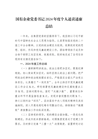 国有企业党委书记2024年度个人述责述廉总结