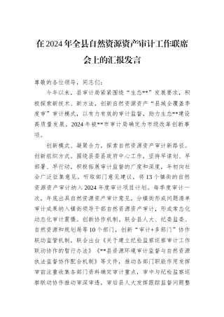 在2024年全县自然资源资产审计工作联席会上的汇报发言