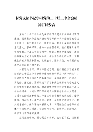村党支部书记学习党的二十届三中全会精神研讨发言