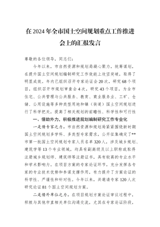 在2024年全市国土空间规划重点工作推进会上的汇报发言20241031