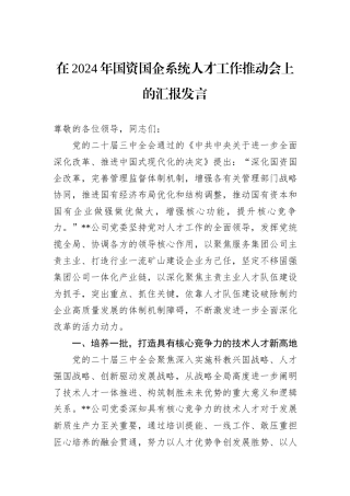 在2024年国资国企系统人才工作推动会上的汇报发言