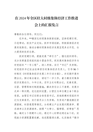 在2024年全区壮大村级集体经济工作推进会上的汇报发言