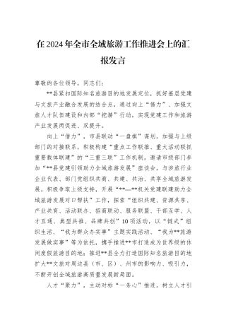 在2024年全市全域旅游工作推进会上的汇报发言
