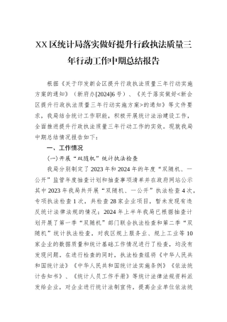 XX区统计局落实做好提升行政执法质量三年行动工作中期总结报告20241105