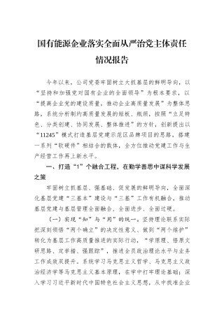 2024年国有能源企业落实全面从严治党主体责任情况报告
