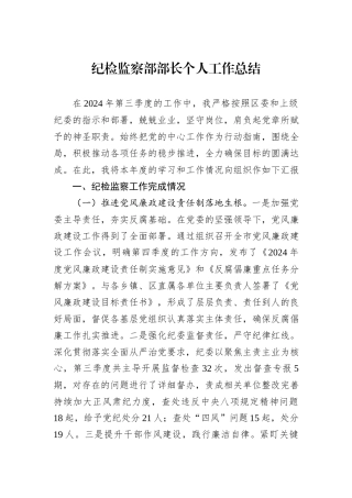 2024年纪检监察部部长个人工作总结