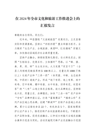 在2024年全市文化和旅游工作推进会上的汇报发言