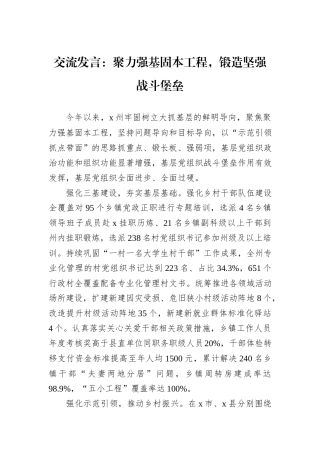 交流发言：聚力强基固本工程，锻造坚强战斗堡垒