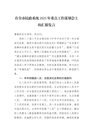 在全市民政系统2025年重点工作谋划会上的汇报发言