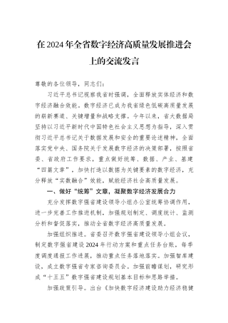 在2024年全省数字经济高质量发展推进会上的交流发言