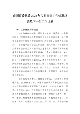 市国资委党委2024年乡村振兴工作情况总结及下一步工作计划