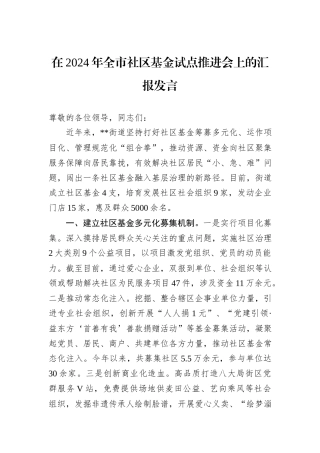 在2024年全市社区基金试点推进会上的汇报发言