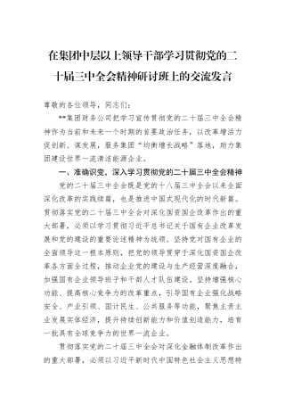 在集团中层以上领导干部学习贯彻党的二十届三中全会精神研讨班上的交流发言