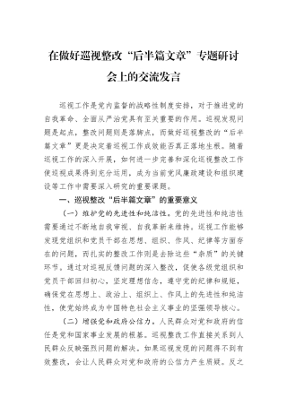 在做好巡视整改“后半篇文章”专题研讨会上的交流发言