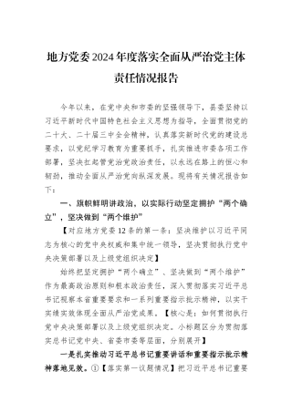 地方党委2024年度落实全面从严治党主体责任情况报告