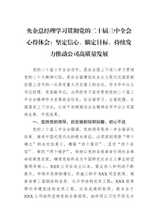 央企总经理学习贯彻党的二十届三中全会心得体会：坚定信心、瞄定目标、持续发力推动公司高质量发展