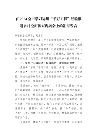 在2024全市学习运用“千万工程”经验推进乡村全面振兴现场会上的汇报发言