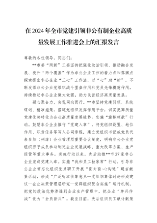 在2024年全市党建引领非公有制企业高质量发展工作推进会上的汇报发言