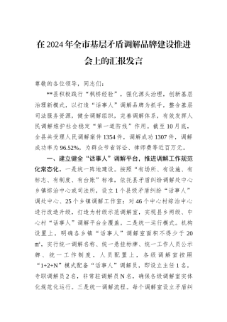 在2024年全市基层矛盾调解品牌建设推进会上的汇报发言
