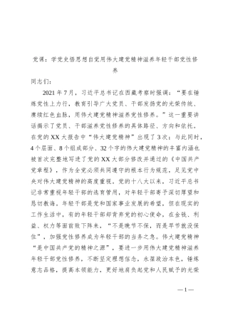 党课：学党史悟思想自觉用伟大建党精神滋养年轻干部党性修养